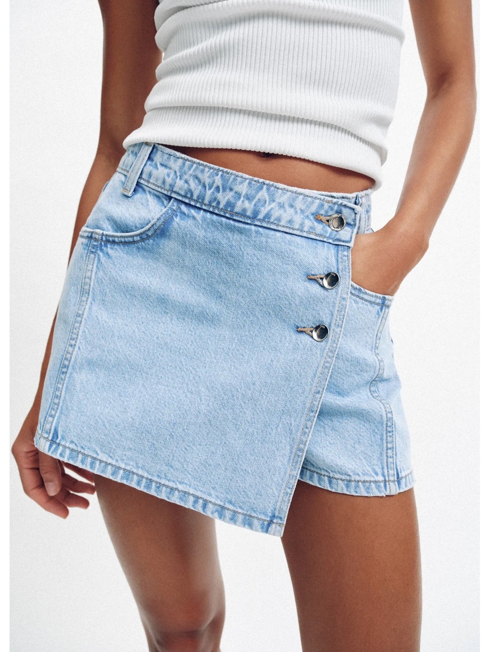 Zara Light Blue Denim Wrap Skort with Silver Buttons